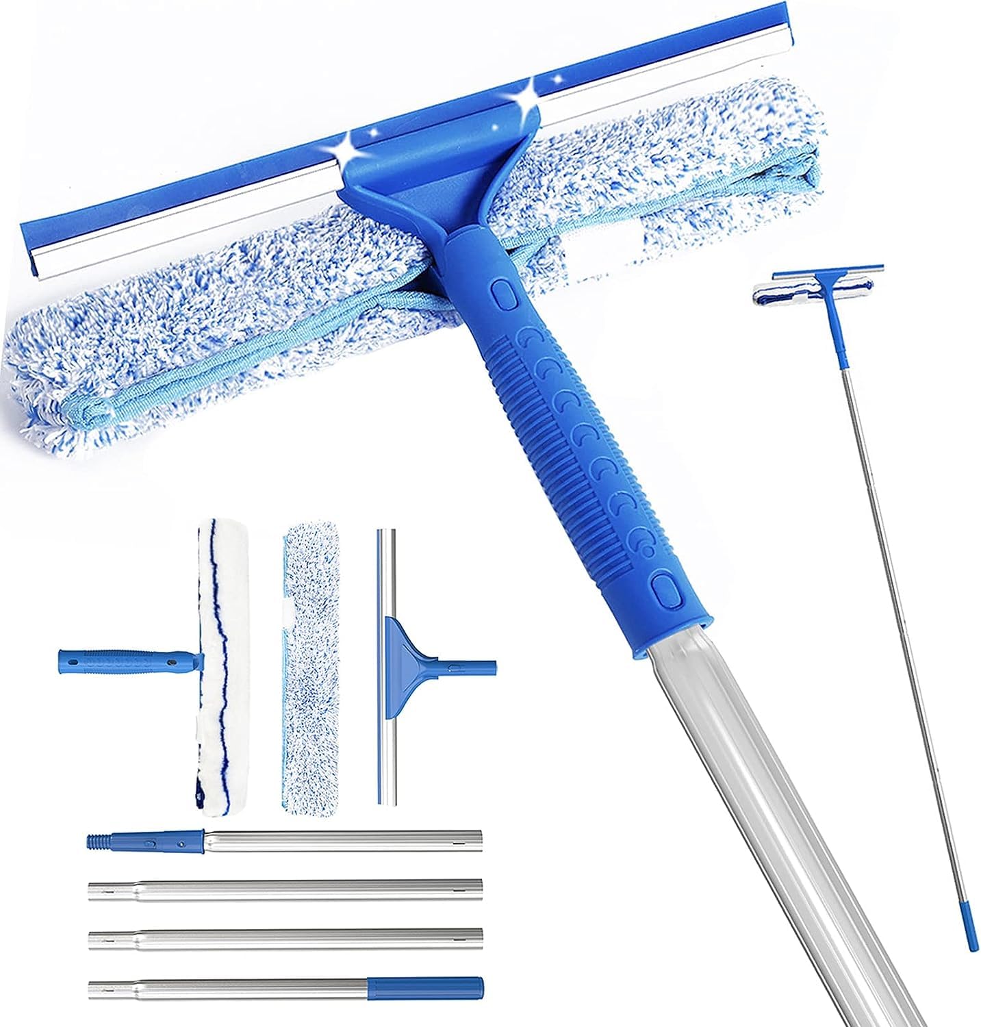 Jiaing 2 in 1 Window Squeegee with 64.9 inch Long Handle, Window Cleaning Squeegee Kit for Glass Door, Car Windshield, Mirror, Home, Blue